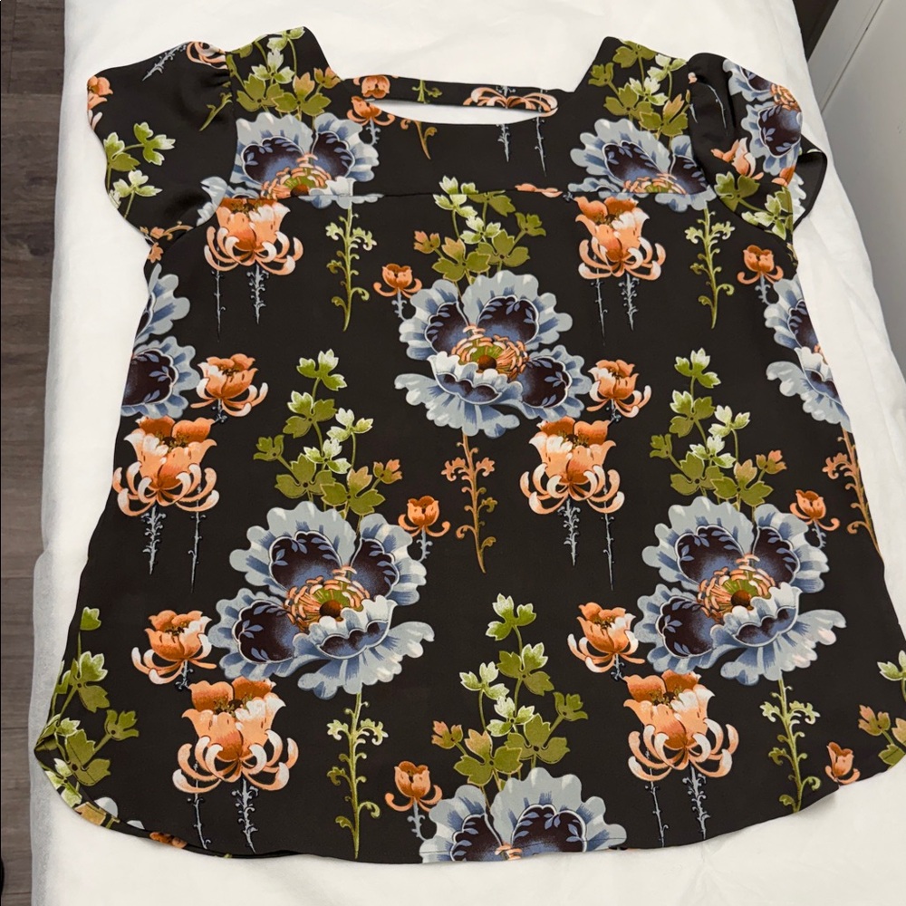 LOFT Black Floral Puff-Sleeve Blouse with Blue and Peach Blooms